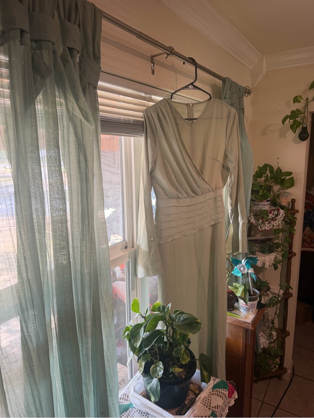 Vintage-Inspired Sage Green Long Sleeve Wrap Dress